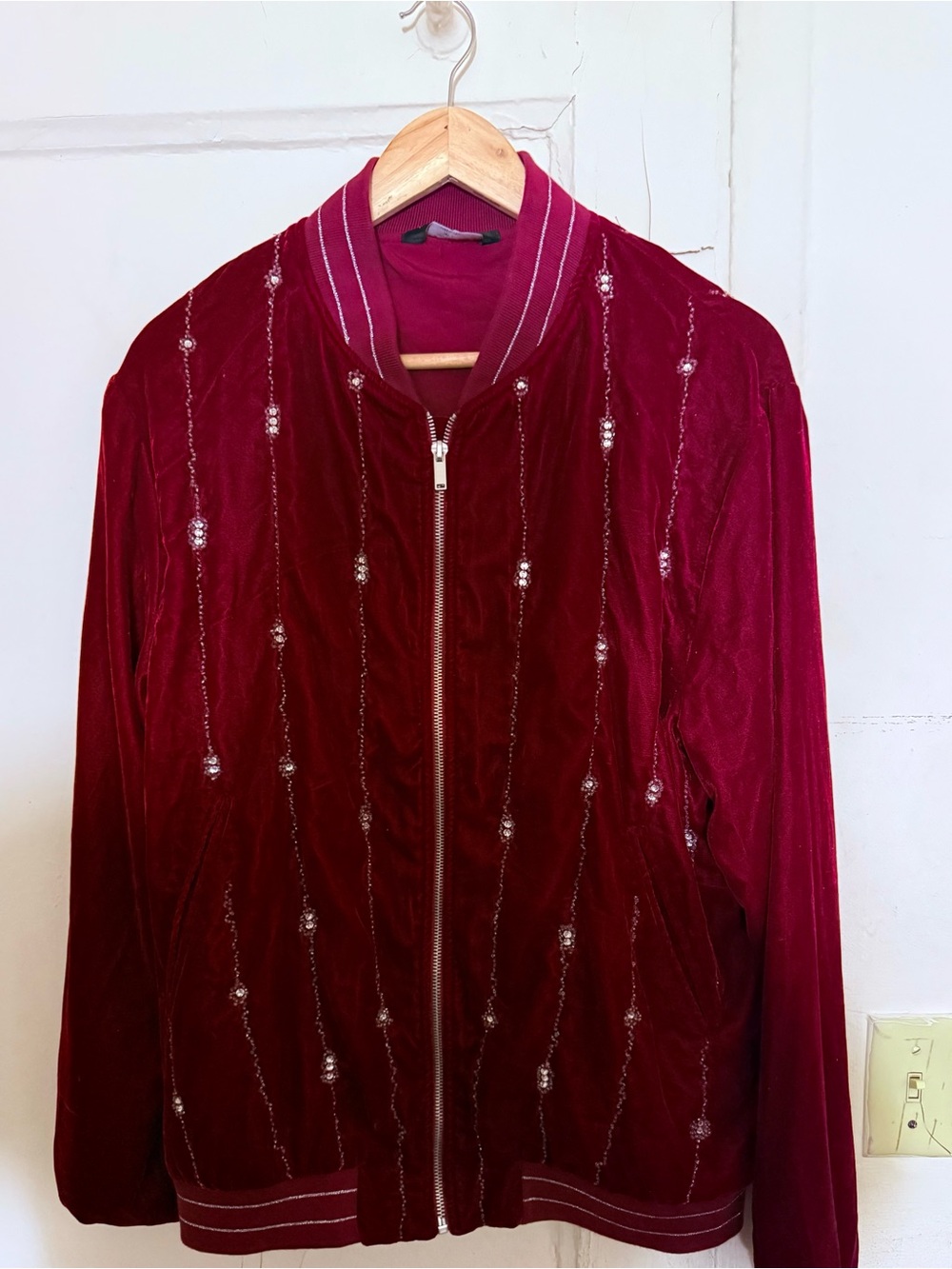 Zara Wine Red Velvet Bomber Jacket with Beaded Stripes